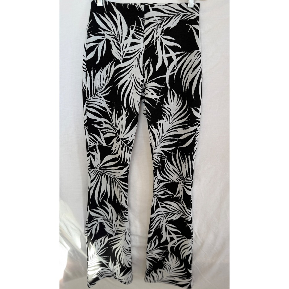 Zara Womens Small Black White Palm Leaf Knit Flare Pants High Rise Tropical Boho